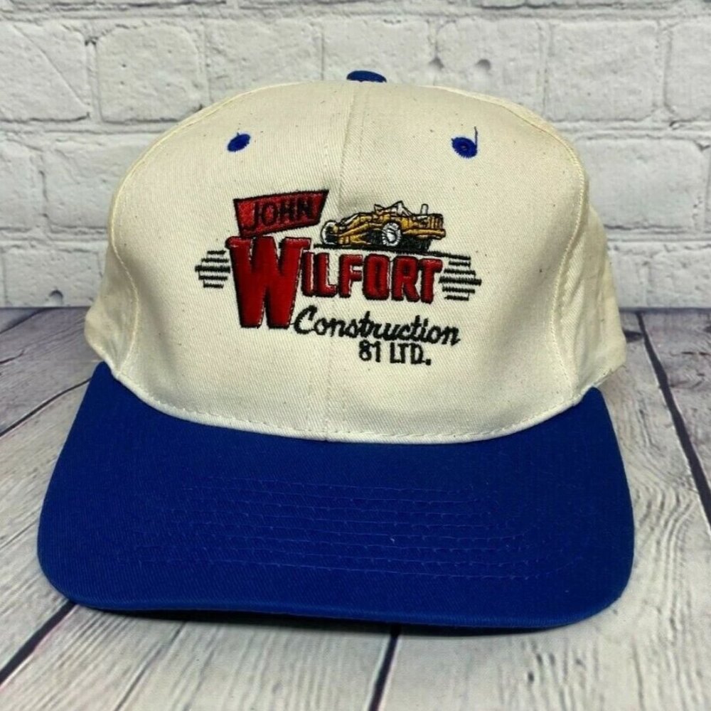 Vintage 90s Hat Cap Snapback Cream Blue John WILFORT Construction 81 Embroidered